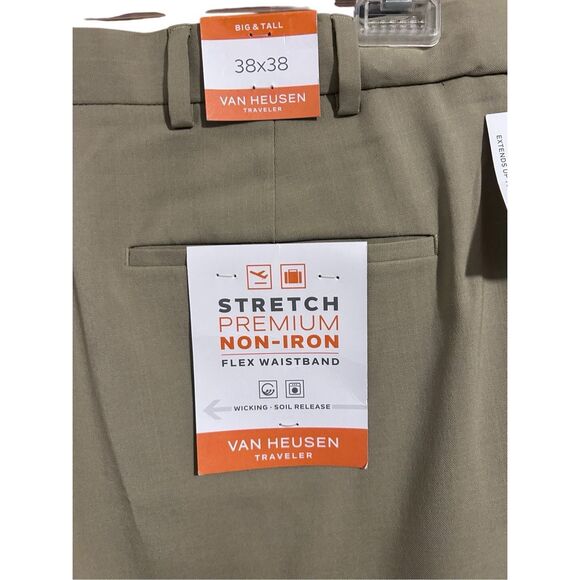 Van Heusen Traveler Big & Tall Men’s Pants 38W x 38L Cedarwood Khaki Flex Waistb - Picture 3 of 11
